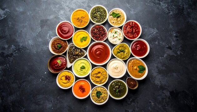 Colorful array of small bowls filled with various sauces and condiments