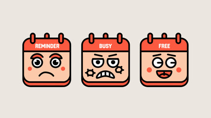 Cartoon vector calendar with expressive reminder, busy, and free icons – Great for apps, playful planning visuals, or productivity content