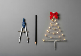 Compass, Pencil, and Wire Christmas Tree on Gray Background