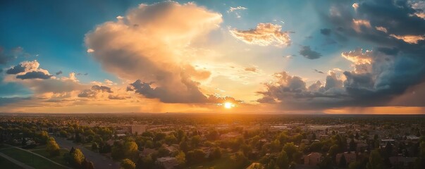 Aerial view of a city landscape with a vibrant sunset and dramatic clouds filling the sky above