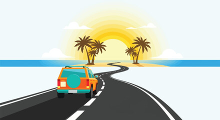 Tropical vacation road trip with palm trees and ocean sunset
