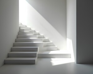 Obraz premium A clean, white, minimalist staircase in an empty room, illuminated by a strong, diagonal light beam. A modern, abstract architectural background.
