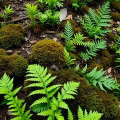 ferns, mosses, and flowering plants in redwood floor