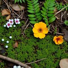 ferns, mosses, and flowering plants in redwood floor