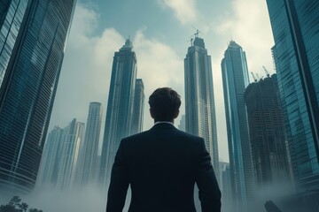 Obraz na płótnie Canvas Man in suit looking up at tall buildings and cloudy sky in a modern city landscape view from behind