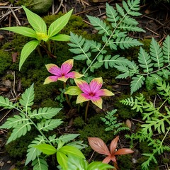 ferns, mosses, and flowering plants in redwood floor