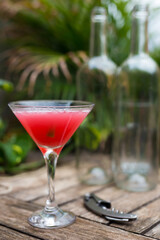 red cocktail with ice in glass with stem on wooden surface