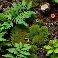 ferns, mosses, and flowering plants in redwood floor