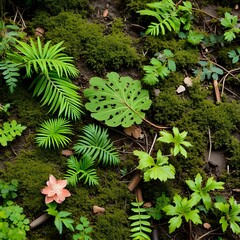 ferns, mosses, and flowering plants in redwood floor