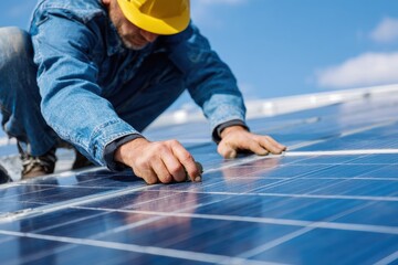 A technician carefully adjusts solar panels on a rooftop. The bright sky provides ideal conditions for the maintenance work, showcasing commitment to renewable energy solutions in the daytime.