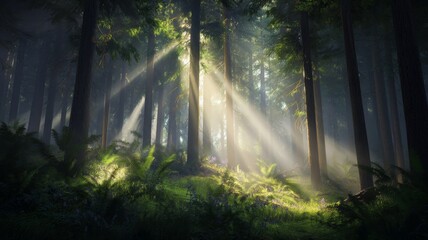 Sunlight through dense forest canopy. Neural network AI generated