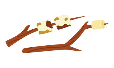Wooden branches with marshmallows. Flat isolated color illustration. Camping food. Fresh and roasted marshmallows. Nature's sweetness. Design for postcards. Picnics, hikes, and camping