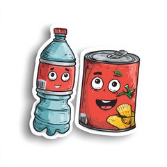 A cheerful water bottle and a can with a friendly face stand side by side. The can has chips and a tomato graphic, showcasing a fun and engaging design suitable for children.