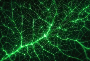 Green vein network on dark background resembling a leaf or neurological pathways