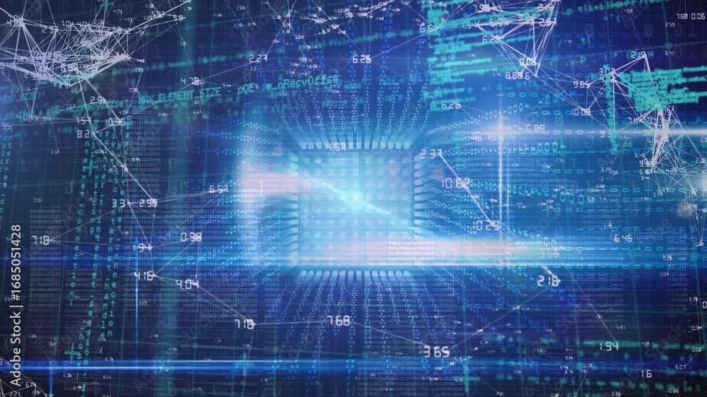 Poster animation of data processing over blue space with processor
