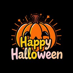 Halloween pumpkin vector illustration. A pumpkin with a smiley face on it that says Happy Halloween. The pumpkin is orange and has a stem. 