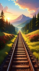Scenic railway track leading to a majestic mountain at sunrise