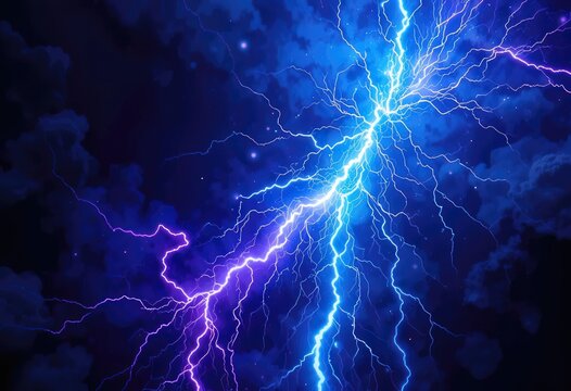 Lightning storm with blue and purple lightning strikes against a dark blue cloudy sky