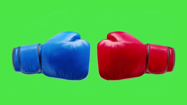 Animated boxing gloves punching together on green screen background for sports fight projects