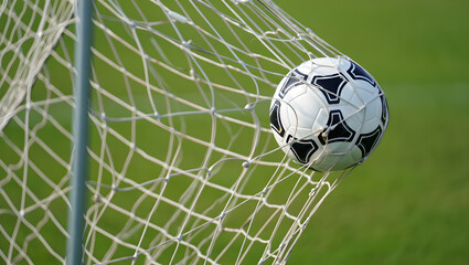 Goal! Soccer ball finds the net! A dynamic composition that captures the intensity and excitement of a soccer match, with the ball perfectly positioned within the net