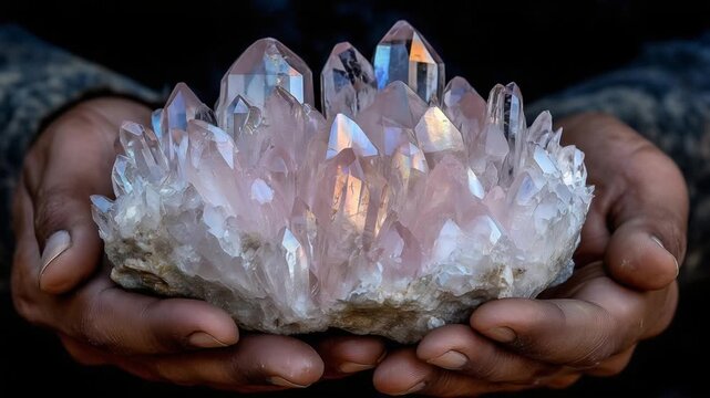 A softly lit close-up of a rose quartz mineral specimen showcases its radiant crystal points and natural beauty with delicate pink hues.