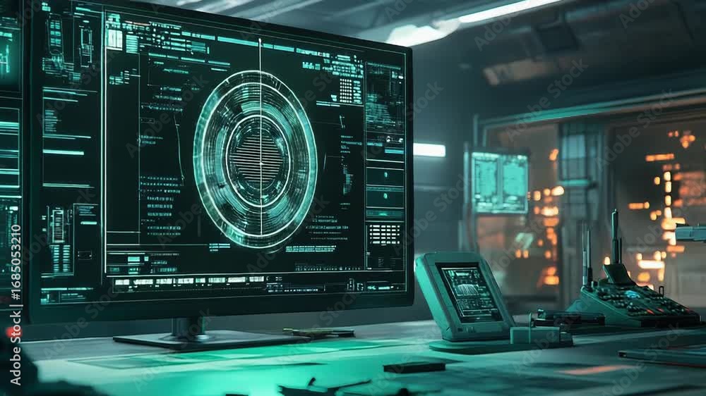 Poster futuristic command center showing data analysis on computer screens