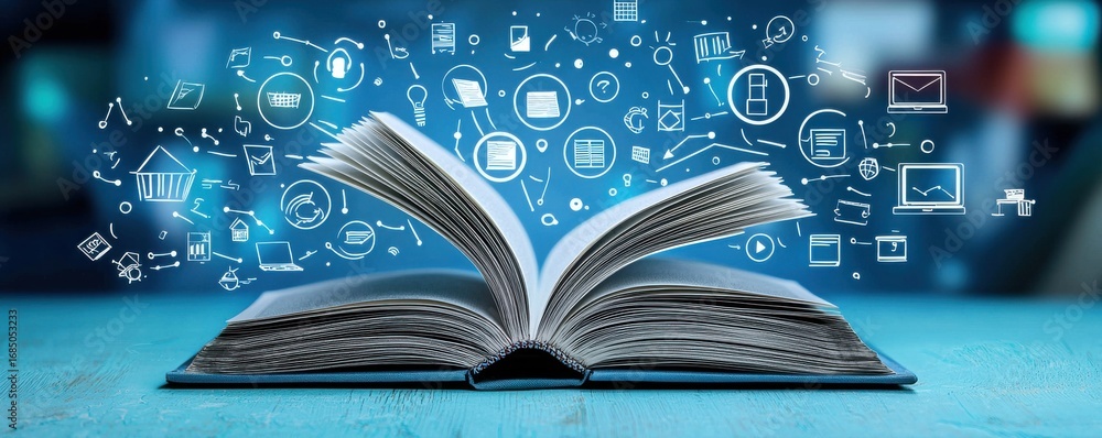 Poster open book with digital icons representing knowledge and technology integration