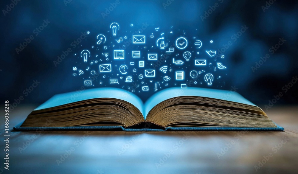 Poster an open book with glowing digital icons emerging from its pages