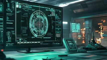 Futuristic command center showing data analysis on computer screens - Powered by Adobe
