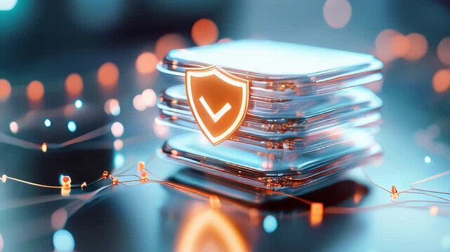 Digital data security concept with glowing shield and transparent layers
