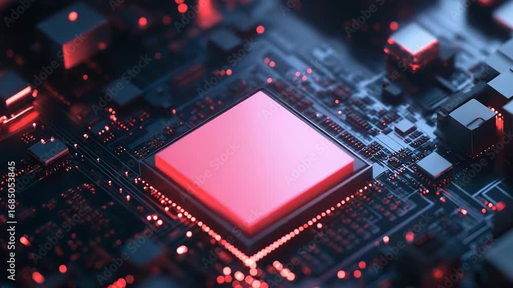 Poster quantum computing processor performing complex calculations with futuristic red light
