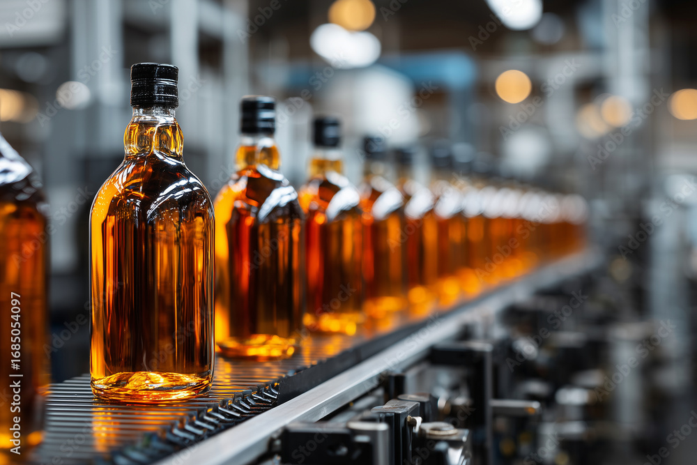 Poster automated liquor bottling line in modern factory with amber bottles. production process showcases ef