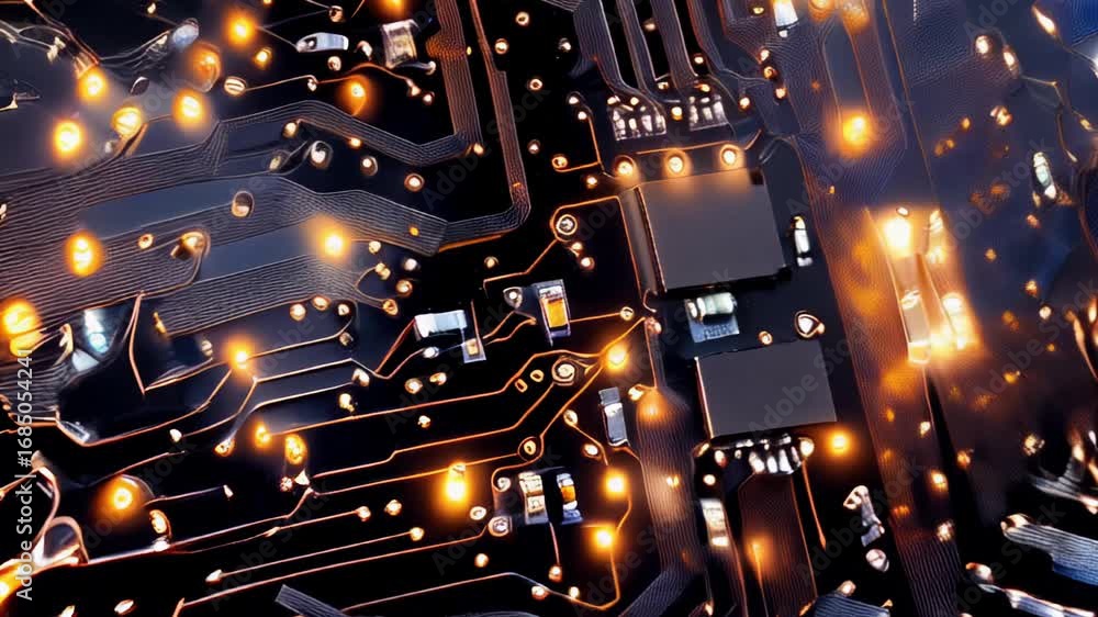 Poster futuristic circuit board with glowing lights and complex patterns