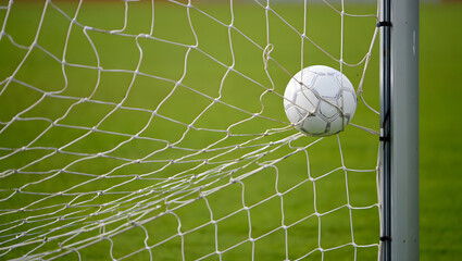 Goal! Soccer ball in net: A crisp photograph captures the moment of triumph as a soccer ball finds its final destination: the goal net, symbolizing achievement.