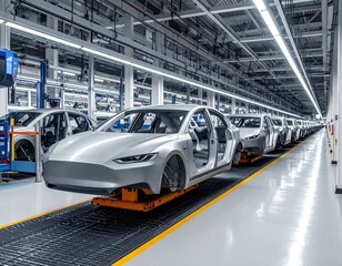 Fototapeta premium Welding robot spotting a car in the factory
