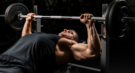 A man powerlifting a heavy barbell while lying on a weight bench. Bench weightlifting workout for muscle building.