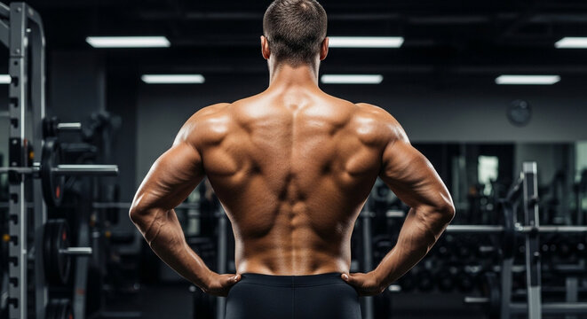 Muscular man with a strong back. Bodybuilder showing well defined muscles. Fitness model posing in a modern gym. Health and sport concept.