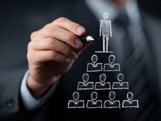 Leader of company organization. Human resource management and leadership concept. Businessman drawing pyramid structure on chalkboard.