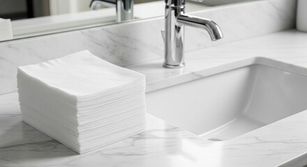 A fresh stack of white paper hand towels rests on a luxurious marble countertop next to a modern sink and faucet. The scene is clean, bright, and hygienic, suggesting a high-end bathroom