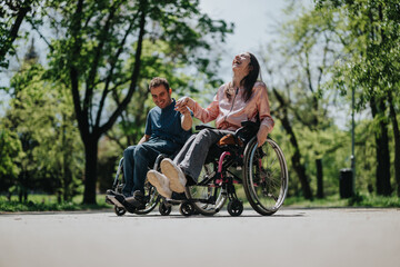 Naklejka premium Two individuals in wheelchairs share laughter and companionship in a scenic park setting, conveying happiness and inclusivity.