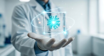 Scientist Holding Holographic Virus Model; Medical Research, Healthcare, Technology Concept.