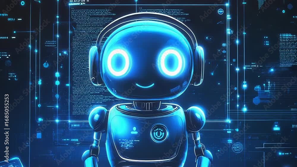 Poster robot with headphones working on futuristic computer interface