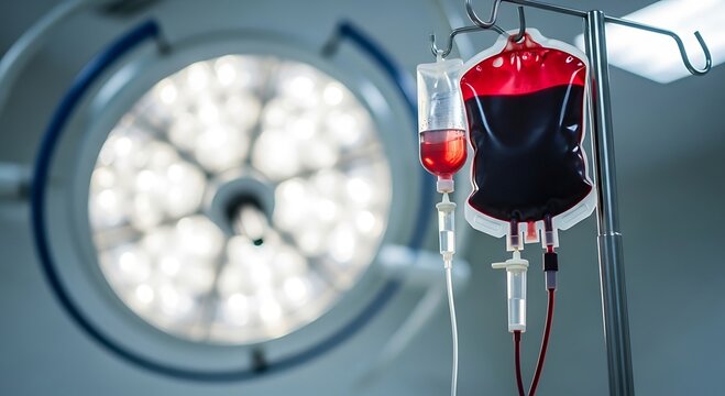Blood Transfusion in Hospital Operating Room: Medical Stock Photo.