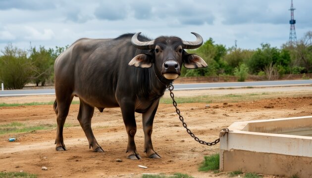 Buffalo grazing in rural landscape open field animal photography natural environment close-up view - Powered by Adobe
