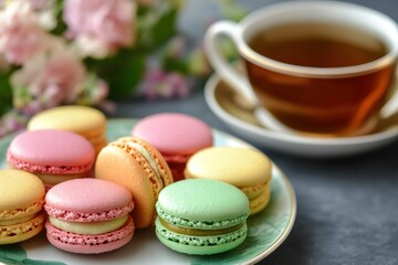 Obraz premium Colorful macarons on plate with tea cup