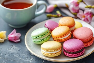 Obraz premium Colorful macarons on plate with pink flowers