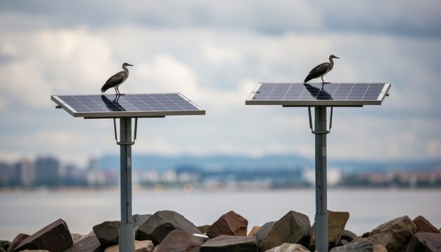 Herons perched on solar panels coastal area wildlife photography natural environment close-up view renewable energy concept - Powered by Adobe