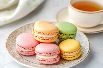 Obraz premium Colorful macarons on white plate with tea