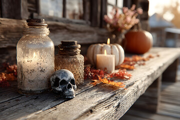 Fototapeta premium Rustic Autumn Halloween Decor with Candles, Skulls, and Pumpkins for Seasonal Atmosphere