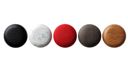 Five round objects, various colors and textures, on a black background.  A close-up view shows the different finishes